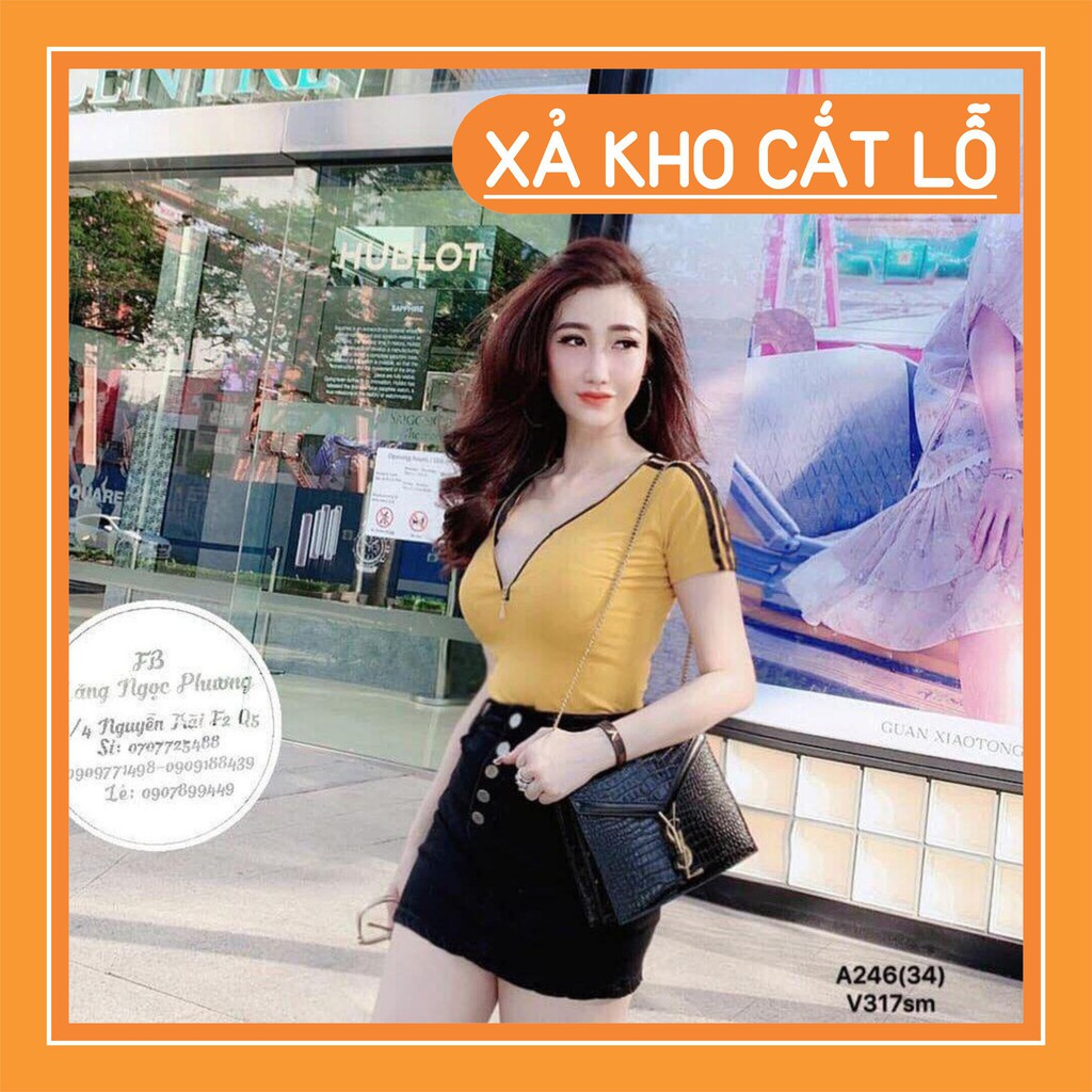 11439 Áo thun ôm body dây kéo ngực tay sọc sexy