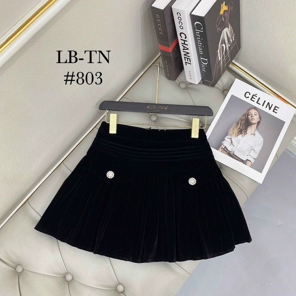 Chân váy xếp ly nữ NHẬT LINH chân váy nhung ngắn dáng xòe thiết kế phối nắp túi đính đá sang chảnh - CV469