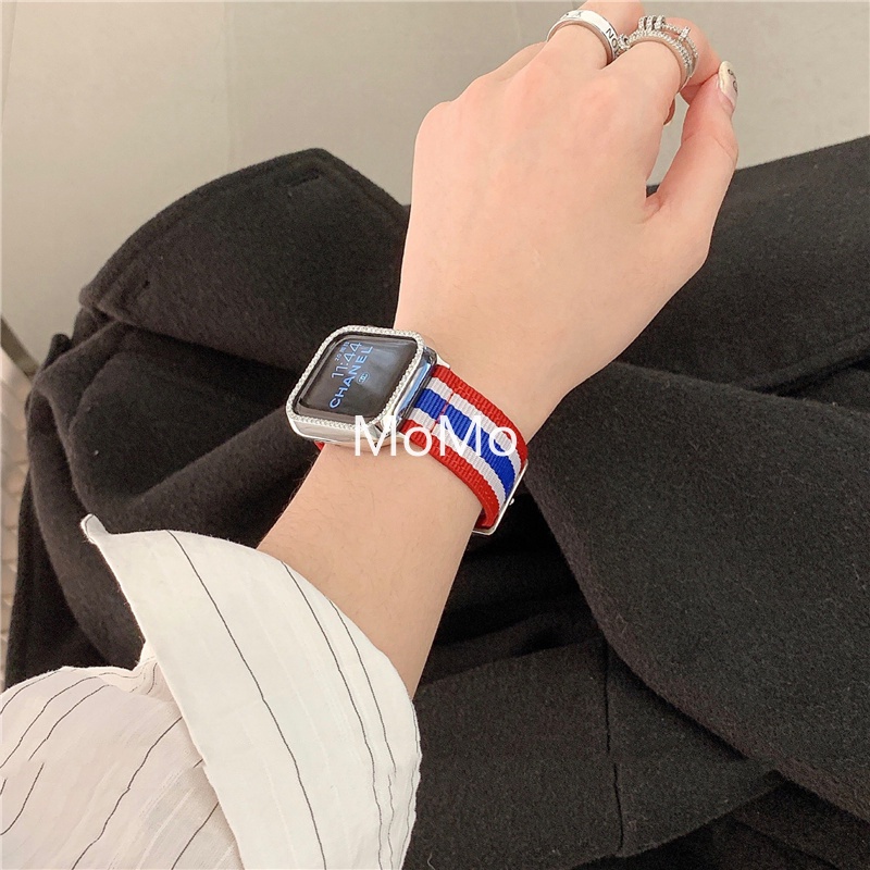 Dây Đeo Bằng Vải Canvas Họa Tiết Sọc Cho Đồng Hồ Thông Minh Smart Watch Series 7 6 SE 5 4 3 2 1 41mm 45mm 40mm 44mm 42mm