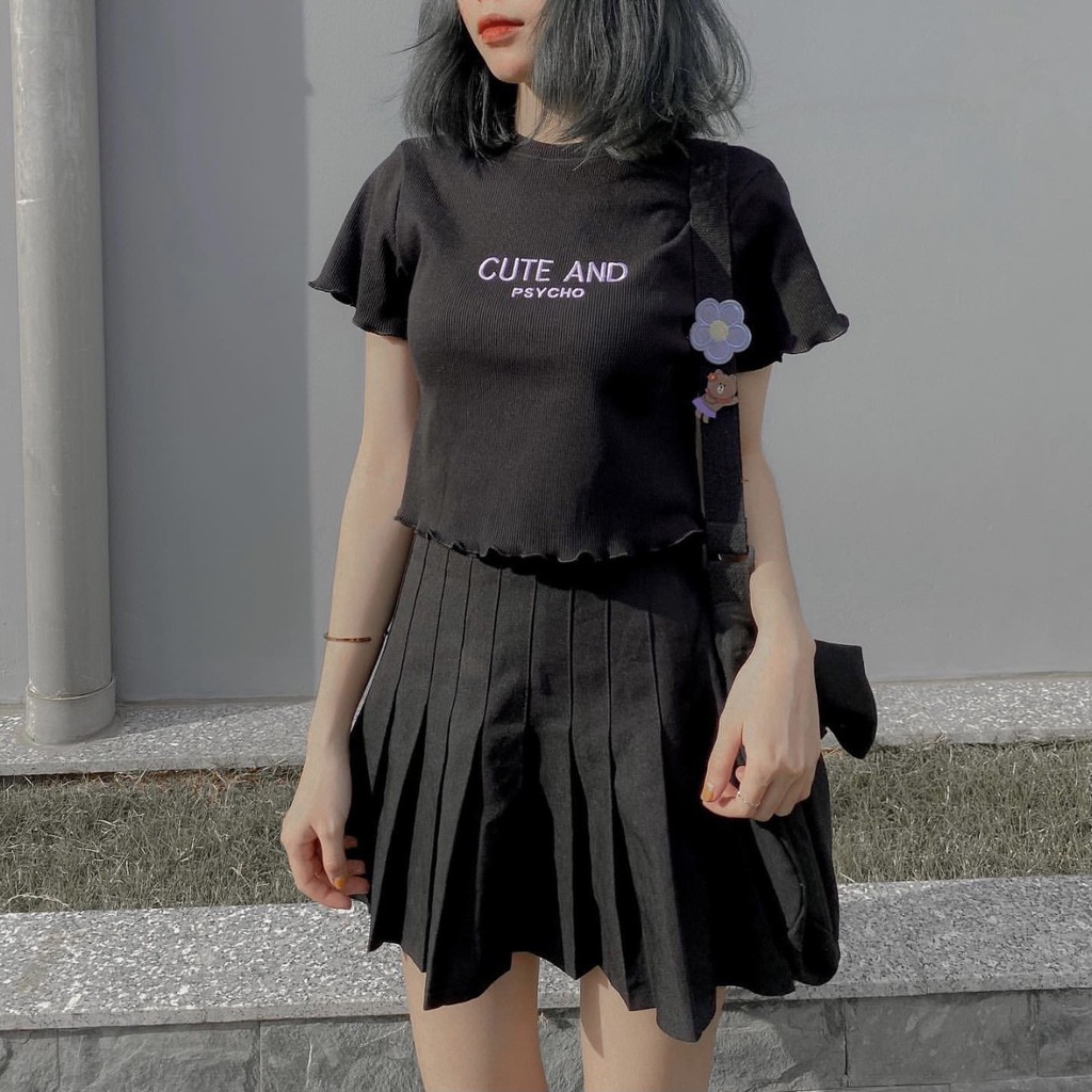 Áo croptop thun gân viền bèo Cute and psycho,  áo  croptop  phong  cách nữ tính   hottrend  2021