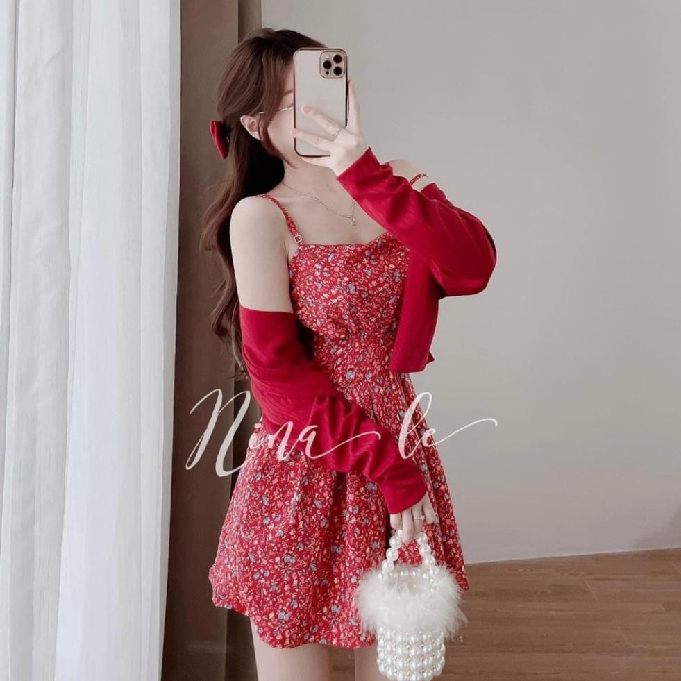 [ 𝐅𝐑𝐄𝐄 𝐒𝐇𝐈𝐏 ] Set váy áo cardigan đỏ mix váy hoa nhí xòe 2 dây