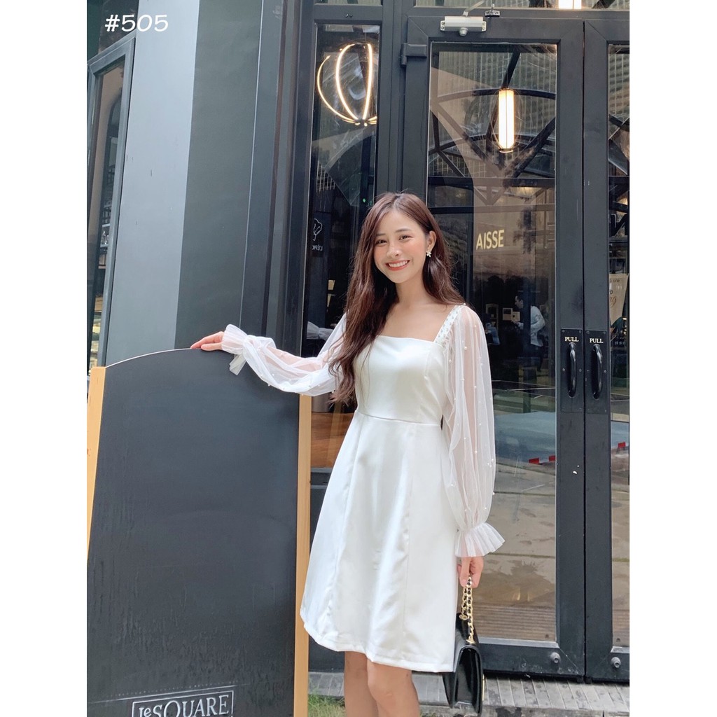 Đầm nữ dự tiệc, dạo phố trắng tay phồng kết hạt siêu dễ thương | BigBuy360 - bigbuy360.vn