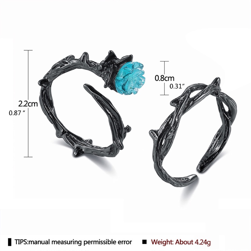 Set 2 Nhẫn Có Thể Điều Chỉnh Hình Hoa Hồng Xanh Phong Cách Gothic Dành Cho Cặp Đôi