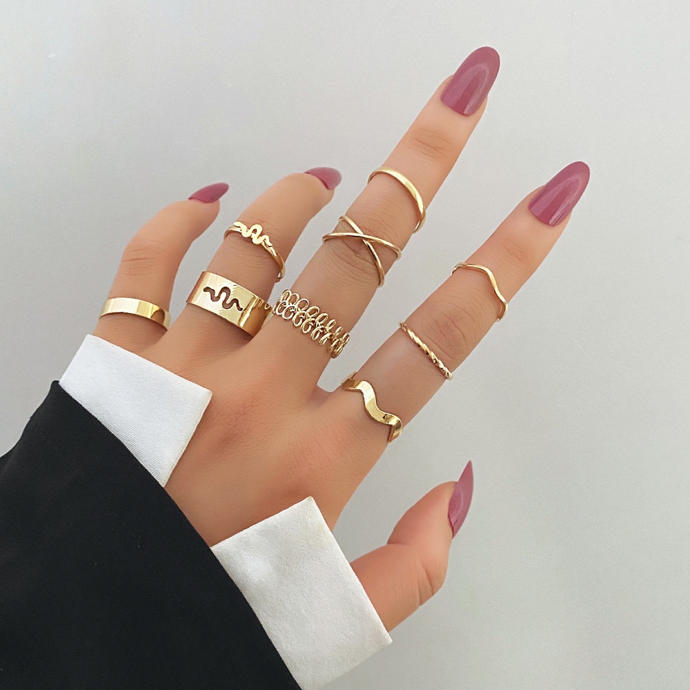 Set 9 Nhẫn Kim Loại Hoạ Tiết Hình Học/Rắn Sóng