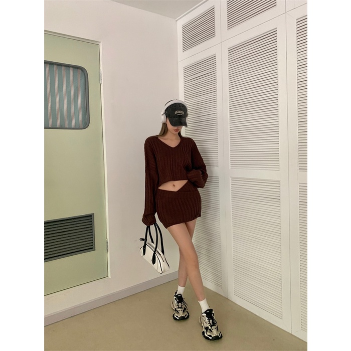 DUNEA Set Áo Len Dài Tay Cổ Tròn + Chân Váy Xòe Thời Trang Nữ