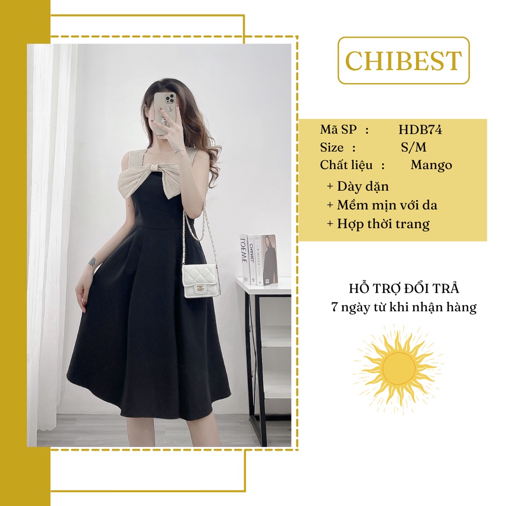 Đầm xòe dài 2 dây phối nơ ngực Nhẹ Nhàng CHIBEST HDB74