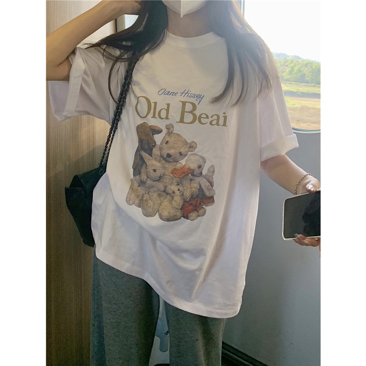 Áo thun IELGY tay ngắn dáng rộng in hình chú gấu dễ phối đồ cá tính cho nữ