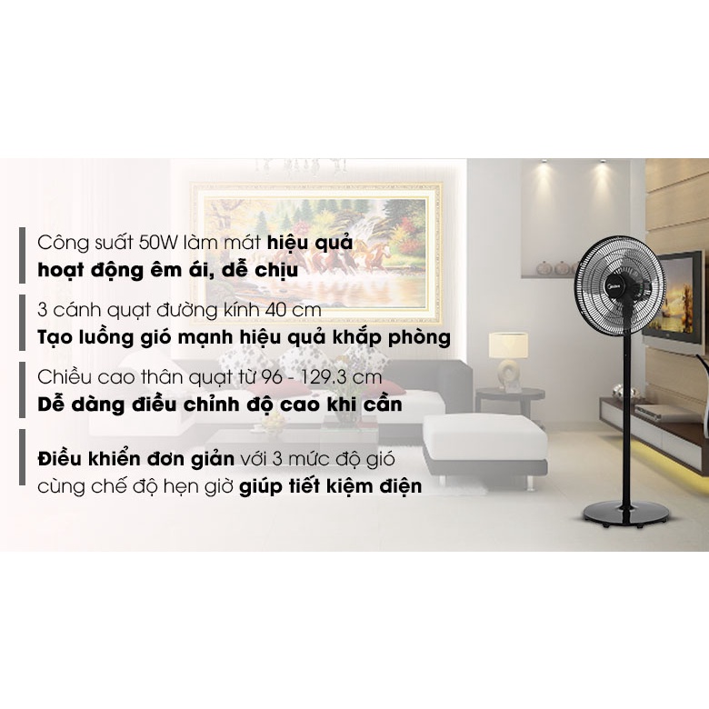 Quạt điện cây đứng lửng Midea FS40-18CB . Hàng Sẵn Màu Đen. HÀNG CHÍNH HÃNG BẢO HÀNH 12 THÁNG