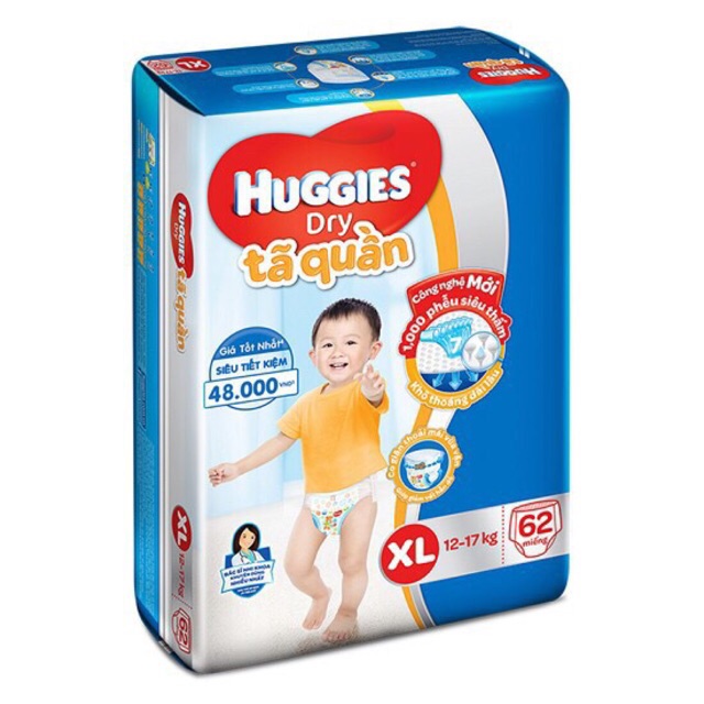 BỈM - TÃ QUẦN HUGGIES SIZE XL - 62 MIẾNG (CHO BÉ 12 - 17KG)