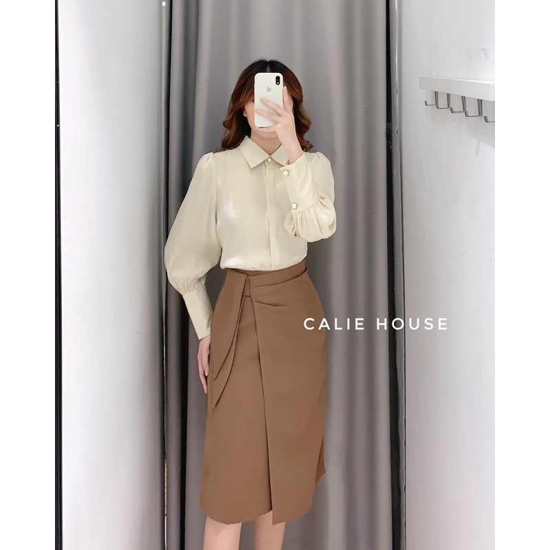 Chân Váy Công Sở Dáng Dài Phối Tà Trẻ Trung Chân Váy Đắt Tà Xếp Li Nơ Dài 68Cm