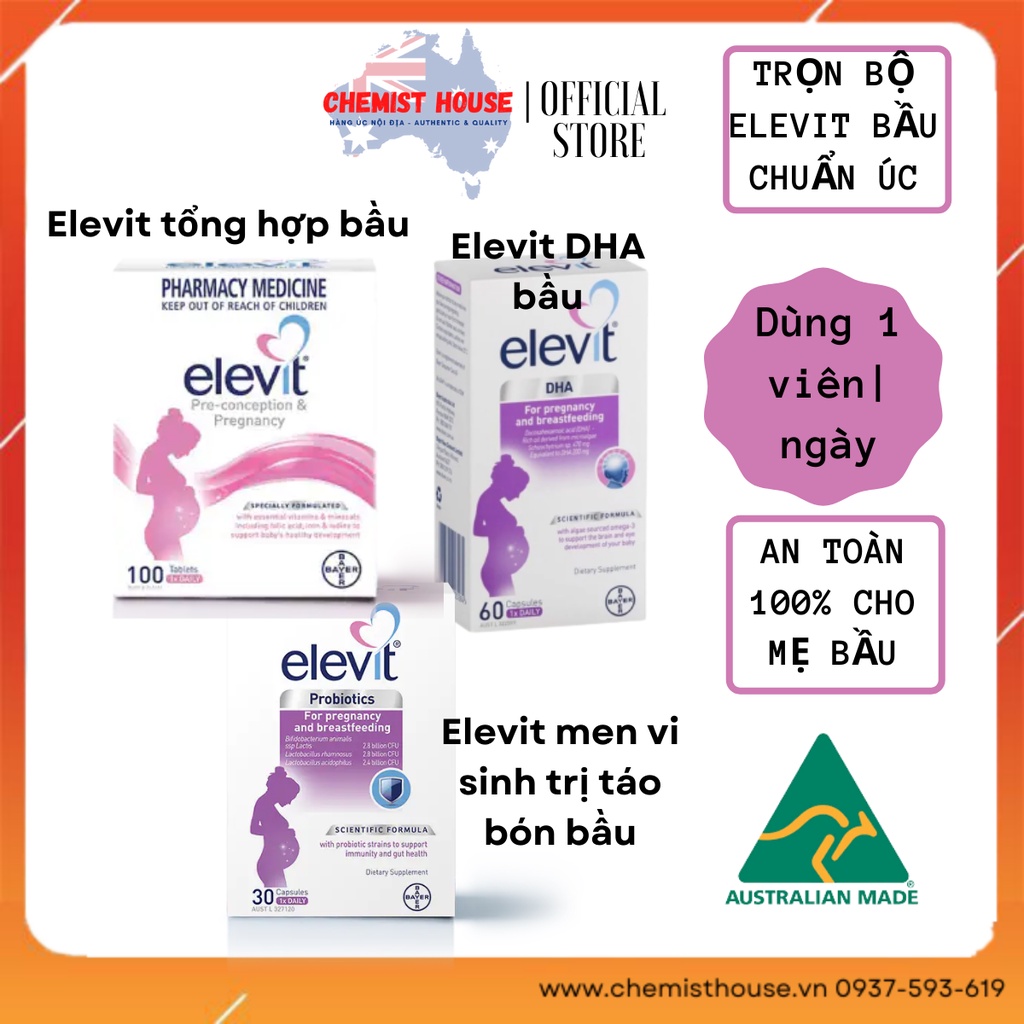 Combo 3 món Elevit bầu Chuẩn Úc - Elevit vitamin tổng hợp bầu + Elevit DHA bầu + Elevit men vi sinh táo bón