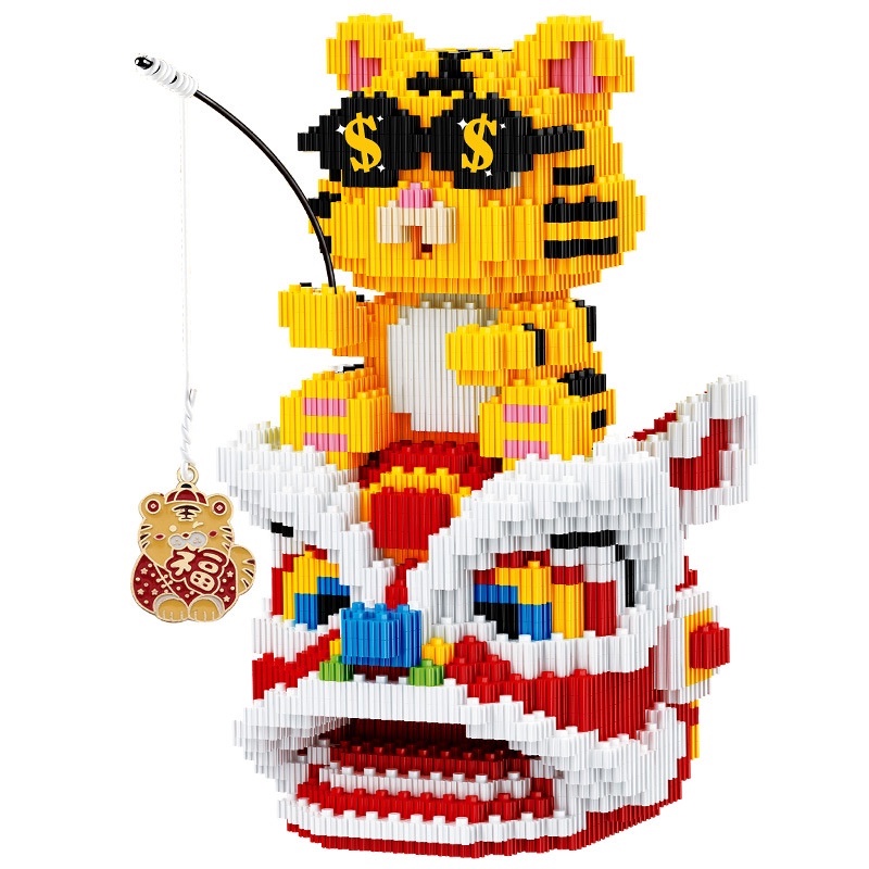 Lắp ráp mô hình le go mèo thần tài, HỔ CON múa Kỳ Lân, Kỳ Lân vui tết trung thu cho bé. decor bàn làm việc