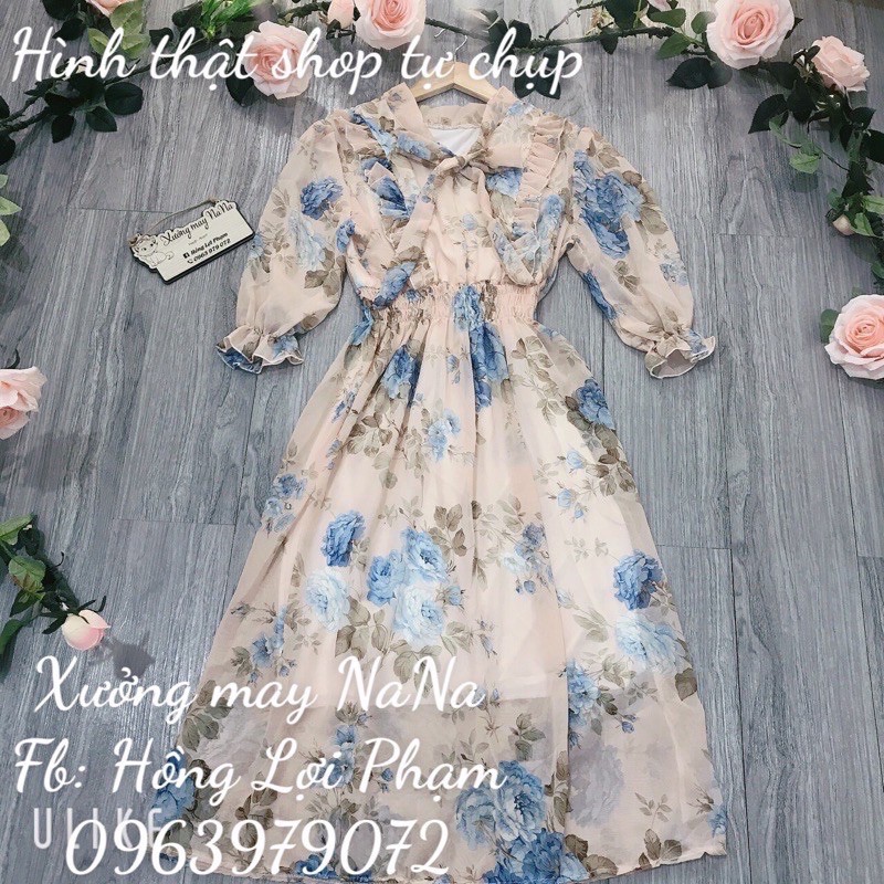 Đầm hoa nhí cột nơ tiểu thư  -video+hình thật