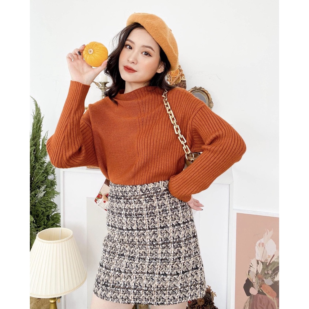 Áo len nữ tay dài, cổ tròn vân len đặc biệt chất lông thỏ cao cấp FIANCA NERA [ Made in Viet Nam]