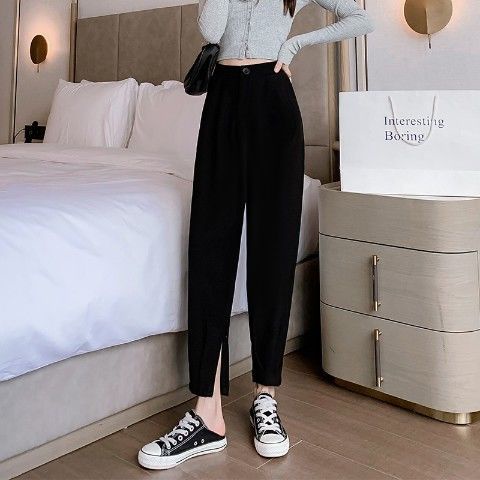 Quần baggy nữ lưng cao màu đen có khóa gấu CHERRY quần tây ống suông V049