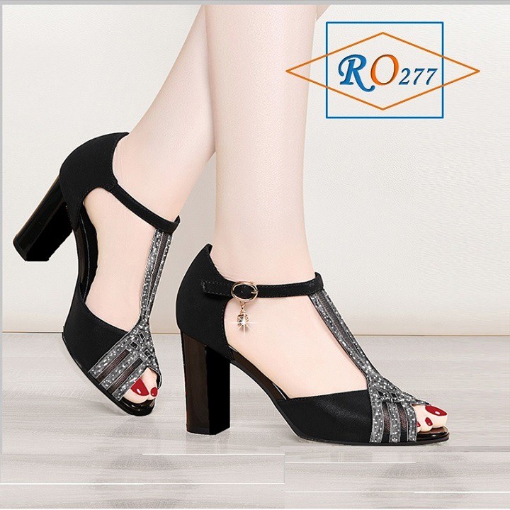 Giày sandal nữ cao gót 7p hàng hiệu rosata hai màu đen tím ro277
