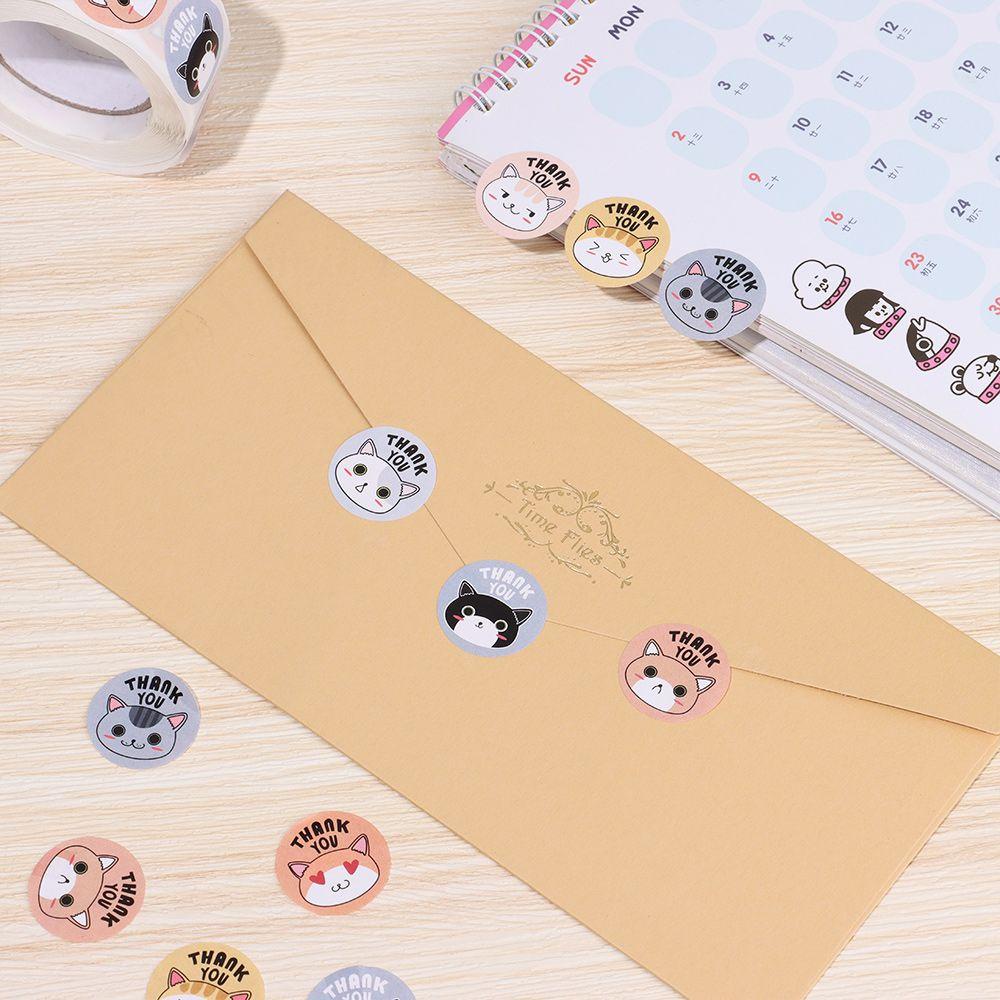 CONOPERYCuộn 500 nhãn dán giấy kraft  in chữ thank you tự dính mạnh họa tiết mèo hoạt hình dùng trang trí hộp quà