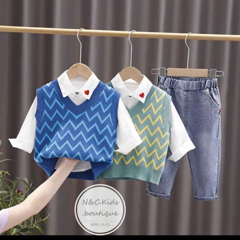 Set 3 chi tiết : áo sơmi thô + áo ghile da cá + quần jean cho bé 10-17kg