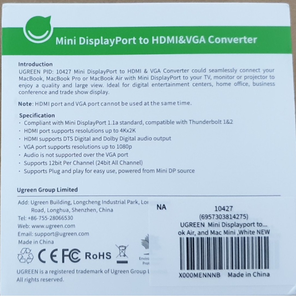 Cáp chuyển Mini DisplayPort to VGA + HDMI Ugreen 10427,cáp nối laptop táo với máy chiếu,cáp nối laptop táo với tivi