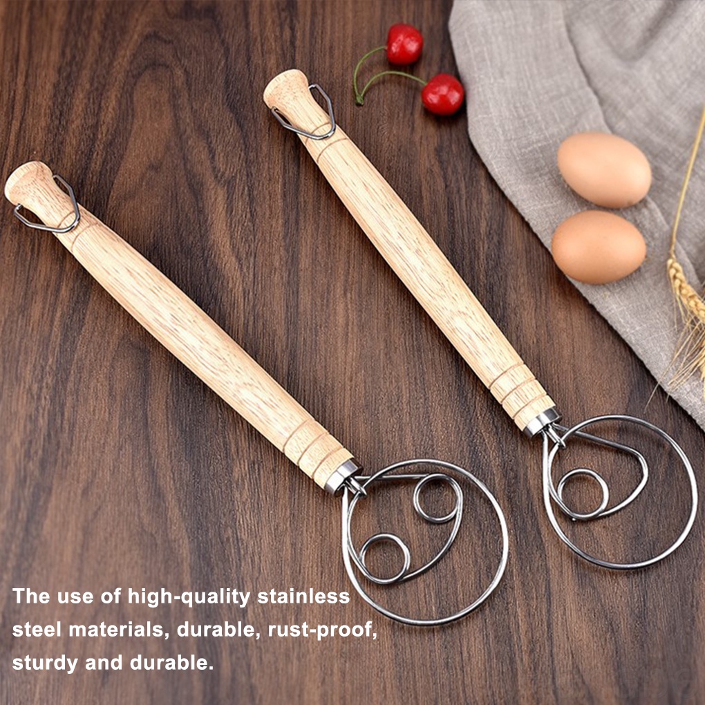 HB-Dough Whisk Wood Handle Stainless Steel Dough Beater Kitchen Baking Mixer Blender, Single Hole