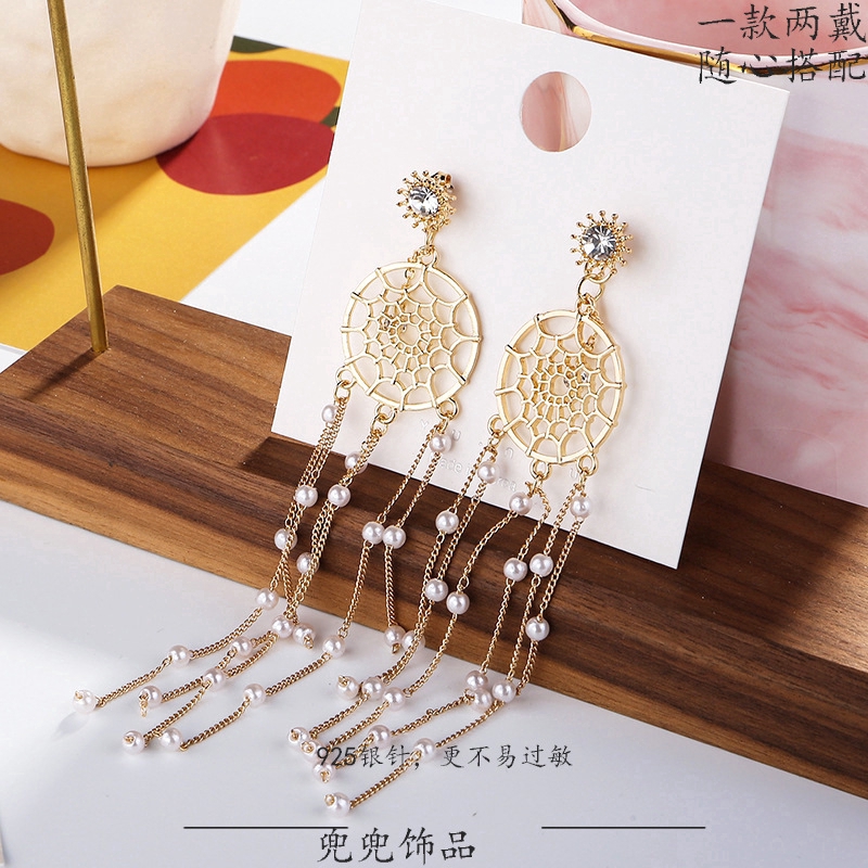 Hoa Tai Dáng Dài Hình Dreamcatcher Phối Ngọc Trai Nhân Tạo Thời Trang