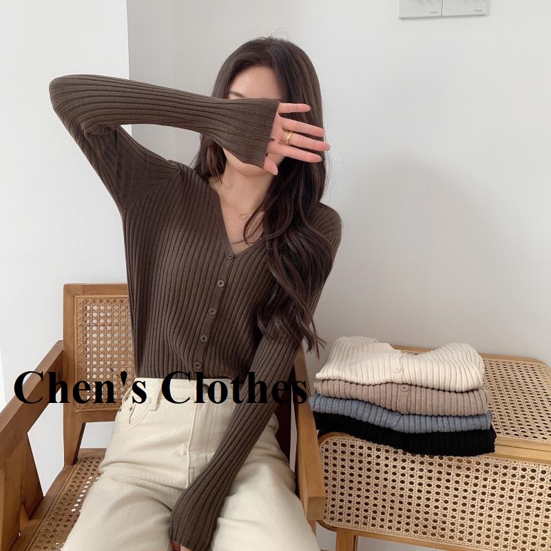 Áo len nữ cadigan gân len tăm cổ V 5 cúc nhỏ