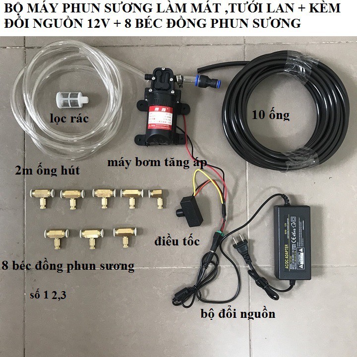 bộ máy phun sương, làm mát, tưới lan, tưới cây 8 béc
