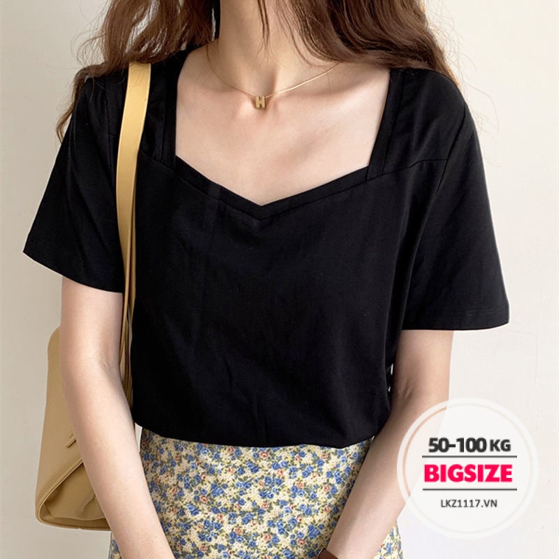 Áo thun nữ trơn Bigsize 100kg 150kg Áo Phông nữ form rộng tay ngắn ulzzang cổ vuông mùa hè Phong cách Hàn Quốc Thời Trang cá tính xinh đẹp cho người mập béo