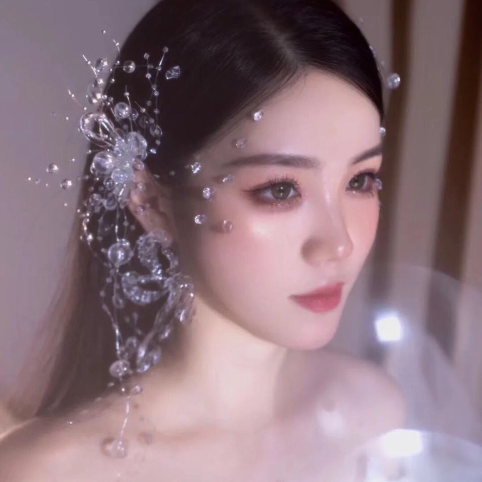 Kẹp Tóc Đính Pha Lê Tua Rua Bên Hông Trong Suốt Phong Cách Mori Nhật Hàn Cho Cô Dâu