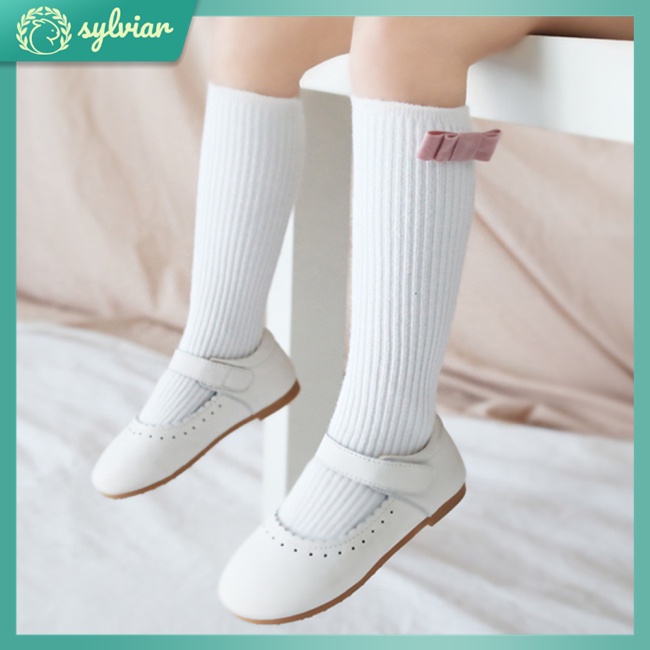Vớ Dài Trung Bình Vải Lụa Flannel Đính Nơ Thời Trang Xuân Thu Cho Bé Gái