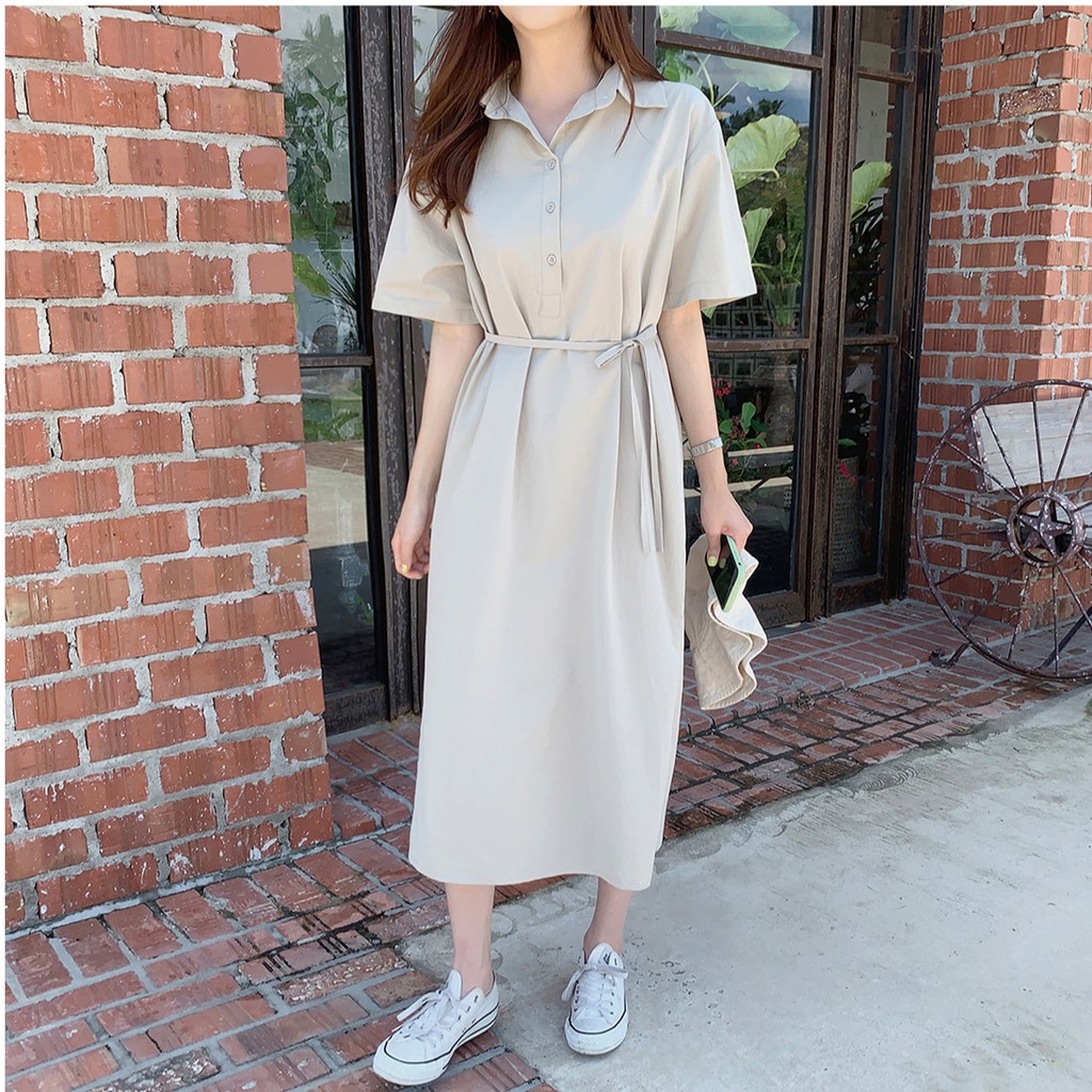 Đầm Midi 34892 Ngắn Tay Cổ Chữ V Trơn Màu Xinh Xắn