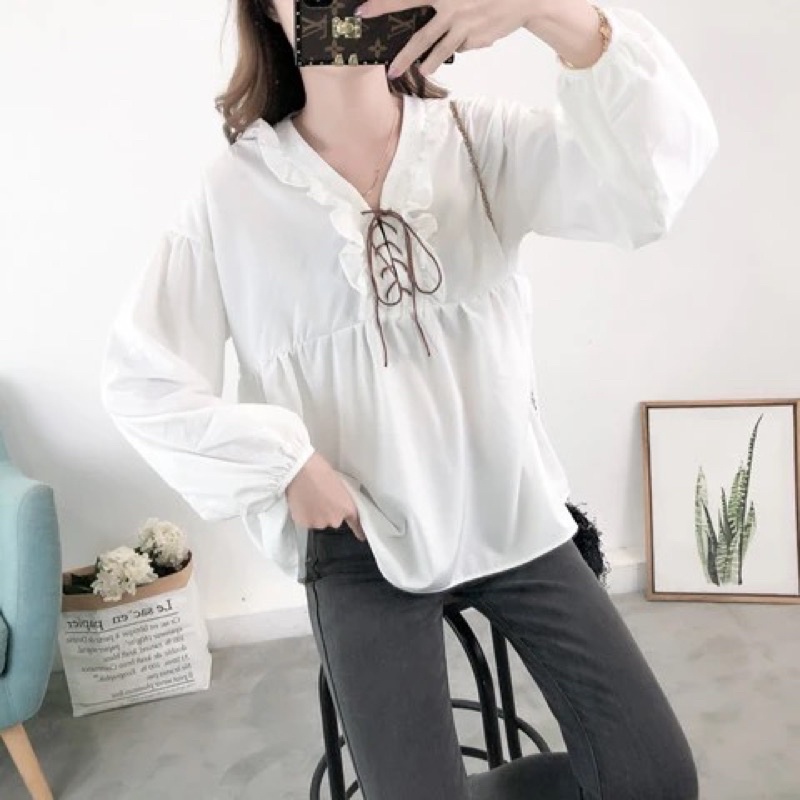 Áo Sơ Mi Tay Phồng Cổ Chữ V Phong Cách Hàn Quốc Cho Nữ