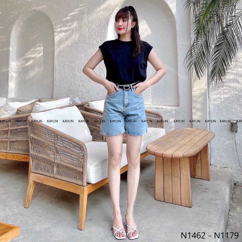 Quần short ngố jean nữ trơn lưng cao hàng VNXK #421415