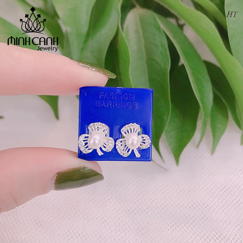 Hoa Tai Bạc Cỏ 3 Lá Đính Hột To - Minh Canh Jewelry