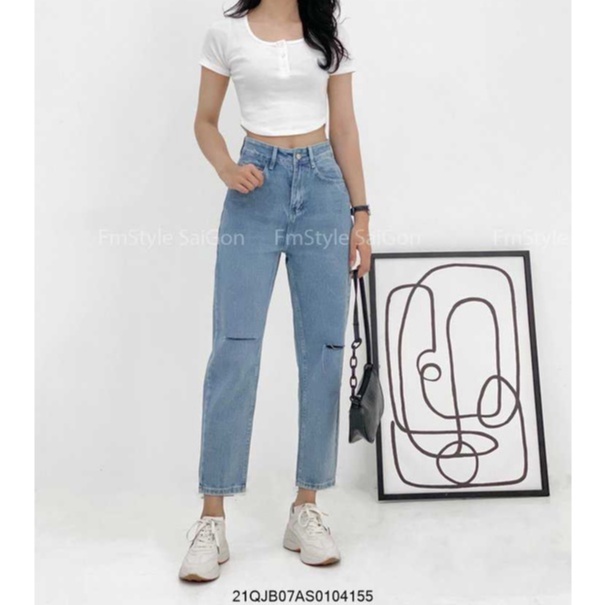 Quần jean baggy nữ VM STYLE rách gối (không co giãn) ulzzang thời trang 22QJB03AS1102