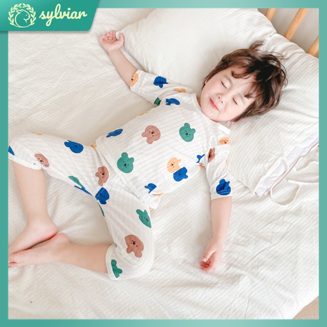 Bộ Đồ Ngủ 2 Món Tay 3/4 Vải Cotton Thoáng Khí In Họa Tiết Hoạt Hình Dễ Thương Cho Bé