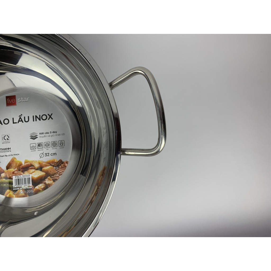 Chảo lẩu xào sâu lòng Fivestar Standard inox 430 bếp từ 3 đáy 32cm nắp kính.tặng 2 vá canh inox