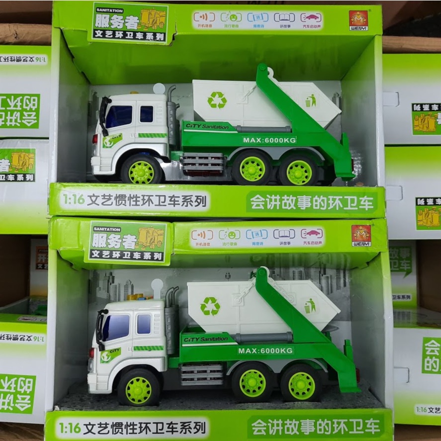 Xe ô tô chở rác có thùng lật mô hình đồ chơi tỉ lệ 1:16 có âm thanh và đèn