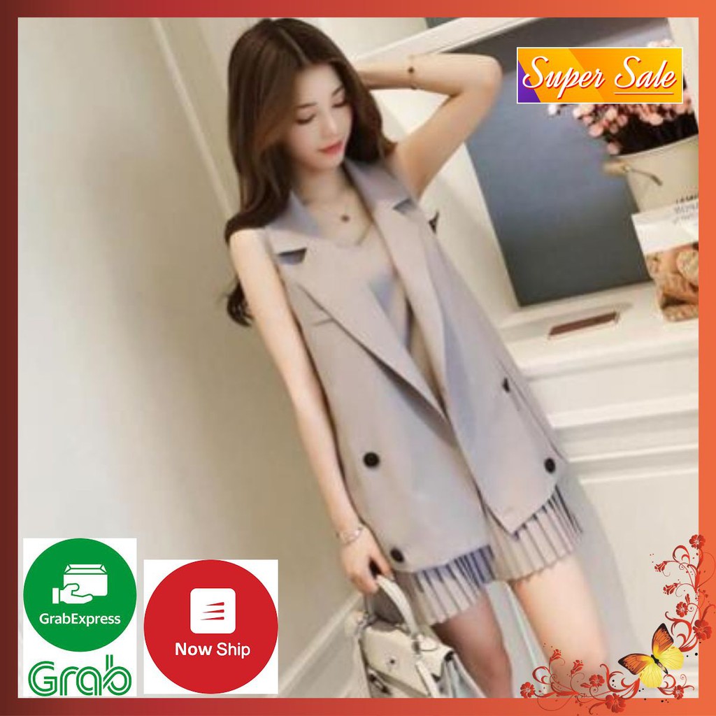 Set Đầm Xếp Ly Phối Vest Cực Chất - Váy Đầm Xếp Ly Chân Váy Kết Hợp Áo Khoác Dáng Dài Cổ Vest Siêu Sang