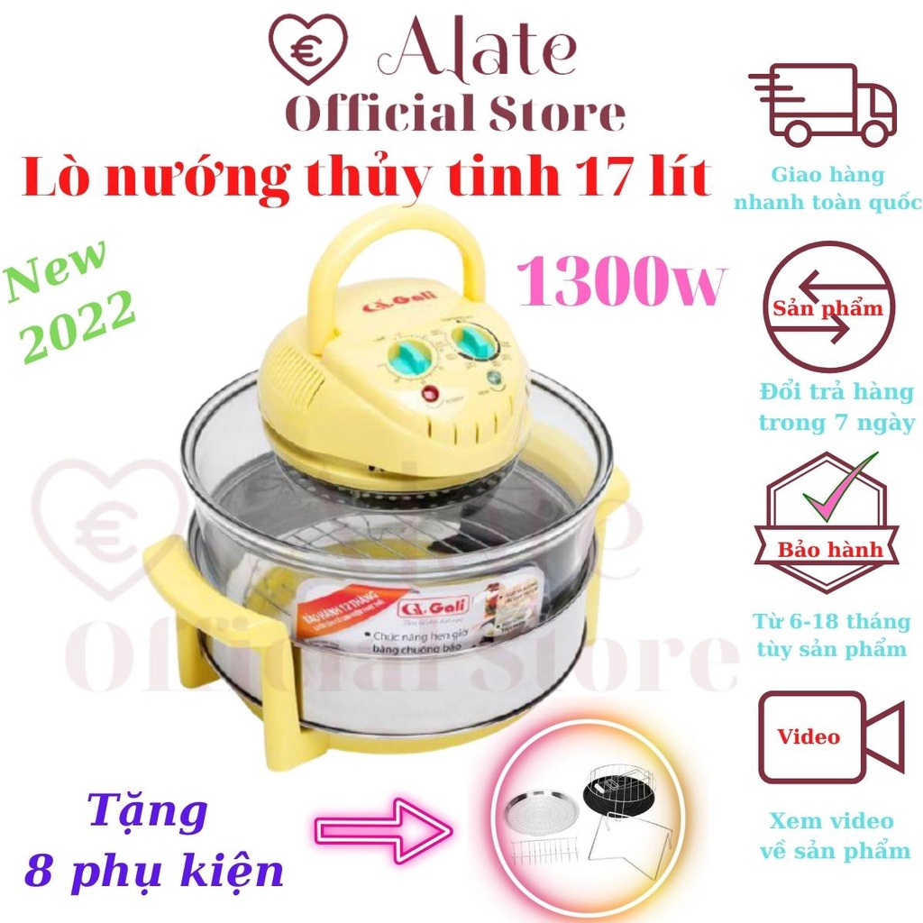 Lò thủy tinh Gali dùng điện 1300w, chiên nướng đa năng không cần dầu, tặng kèm 8 phụ kiện, bảo hành 1 năm Alate store