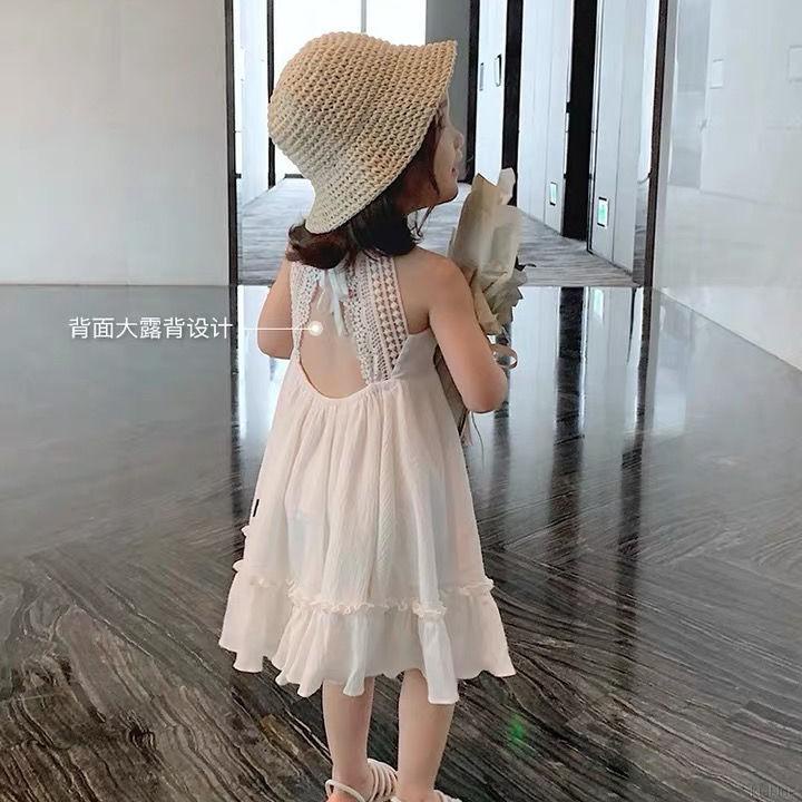Đầm công chúa hai dây hở lưng phối ren màu trắng phong cách Hàn Quốc thời trang mùa hè cho bé gái