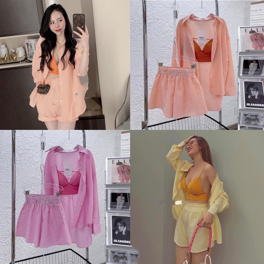 Set 3 món đi biển đũi xốp kẻ thụng áo sơ mi kèm bra mix quần short