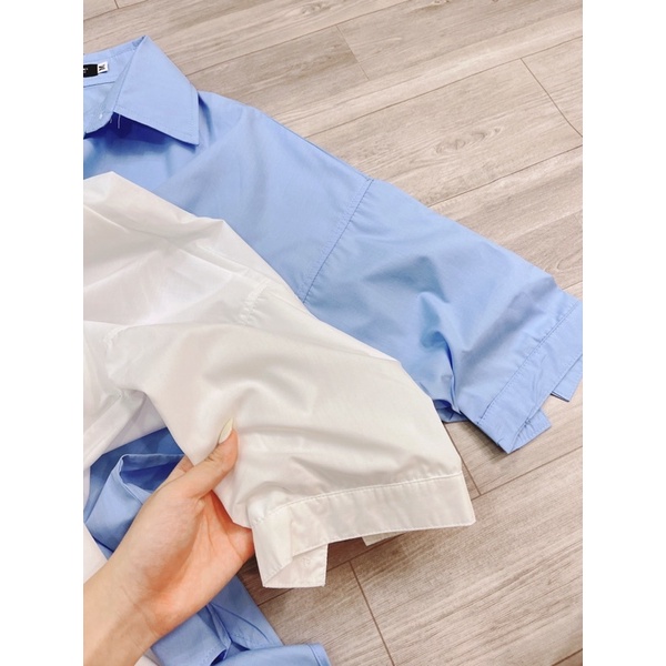 Áo sơ mi vạt tôm 2 màu xanh - trắng