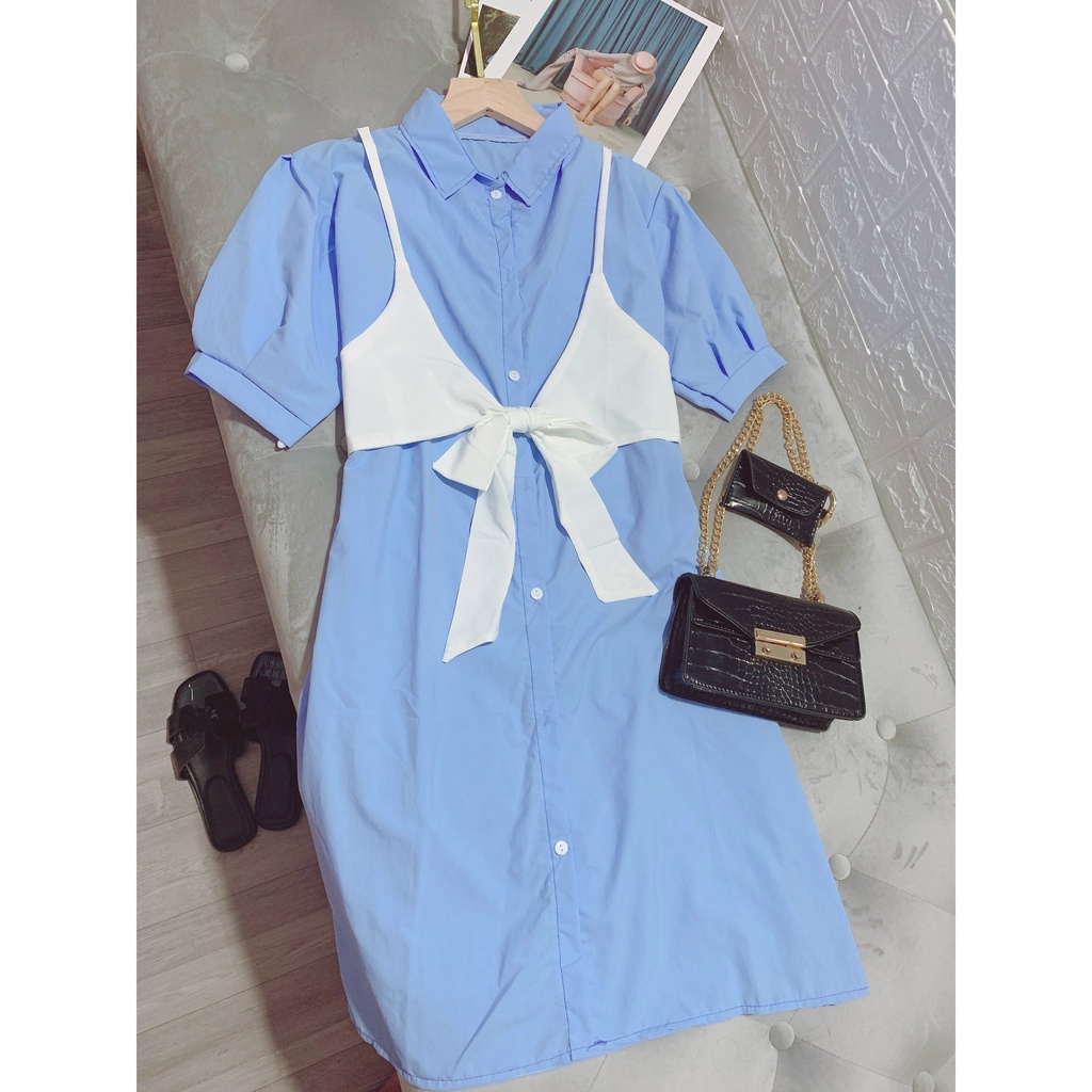 Bộ Đầm Sơ Mi Nữ Phối Yếm Nơ 🦋 Váy Nữ Cúc Cài Cộc Tay Cổ Sơ Mi 3 Màu 🦋 MSP: Q072