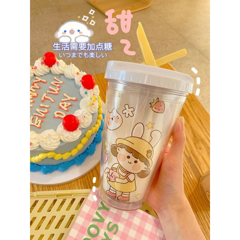 Cốc Nhựa 2 Lớp Uống Trà Sữa Kèm Ống Hút Trendy