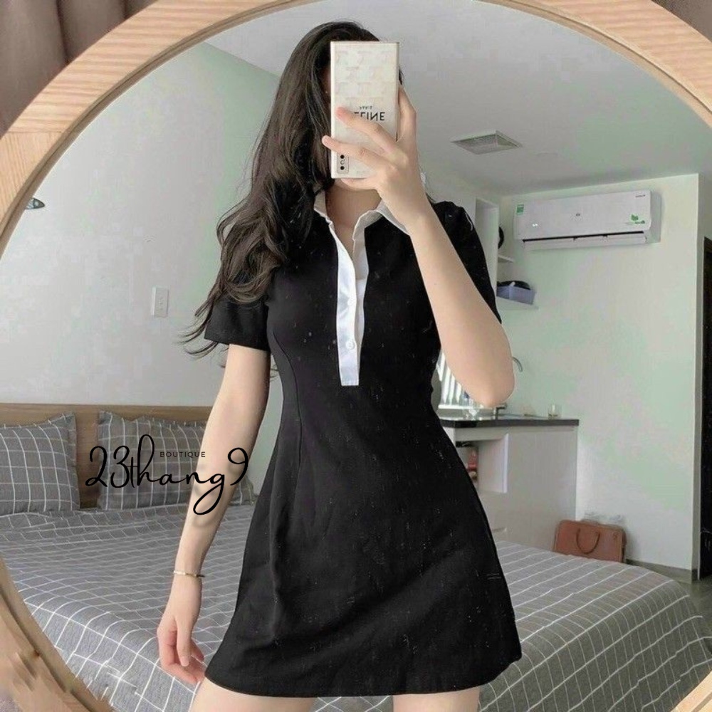 Váy polo dáng xòe đầm polo cổ bẻ phối cổ trắng body vải thun cao cấp màu đen công sở đi chơi dự tiệc đẹp sang trọng