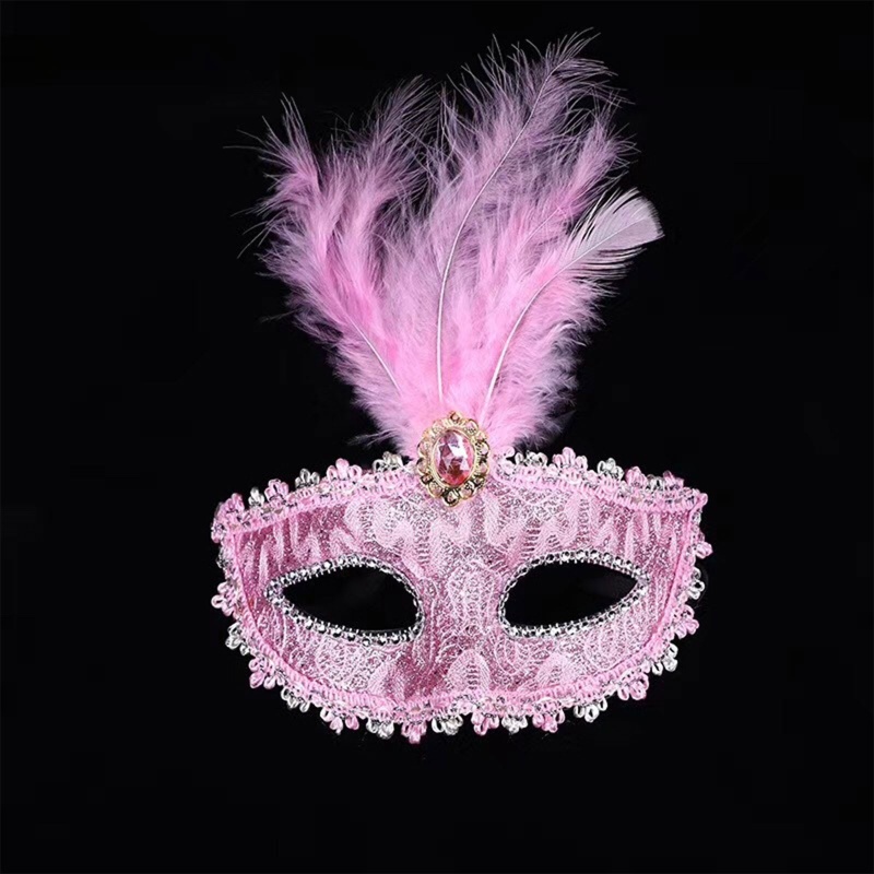 Mặt Nạ Nửa Mặt Hóa Trang Halloween Đính Lông Vũ