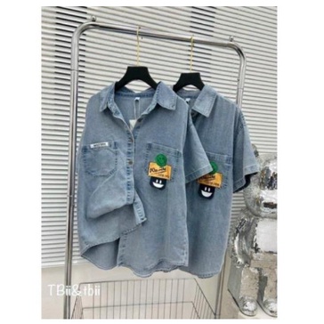 Áo bầu sơ mi bò đuôi tôm form rộng có túi- jean quảng châu mềm mịn