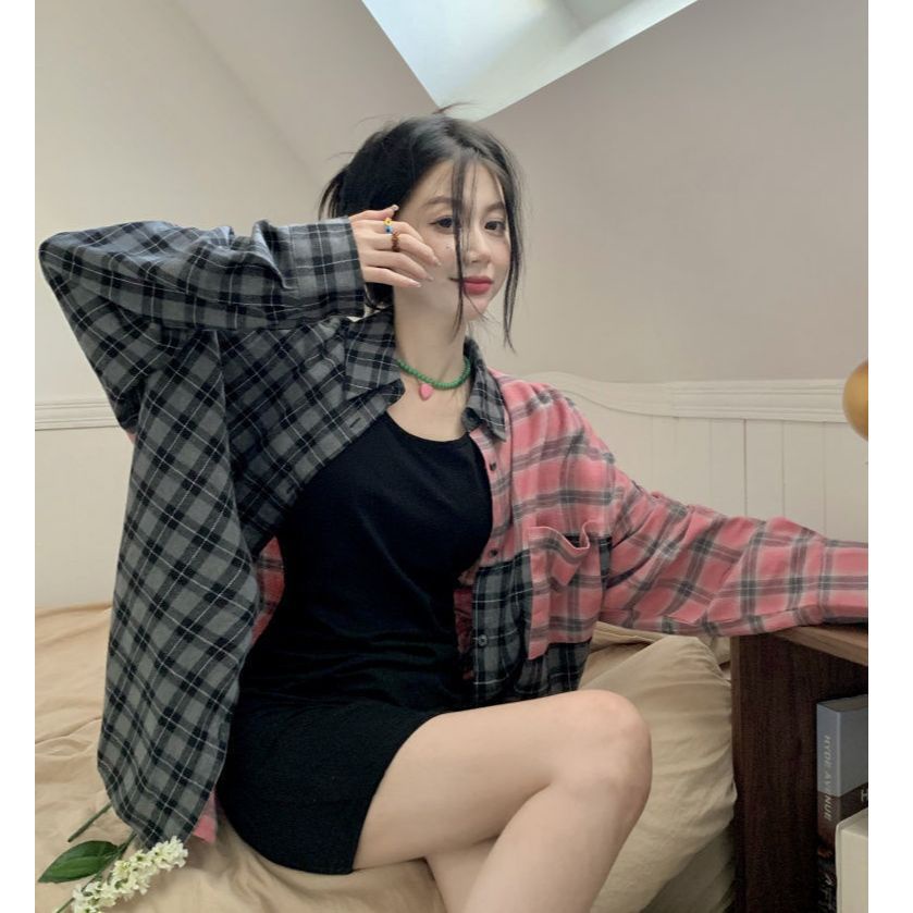 Áo Sơ Mi Chống Nắng Tay Dài Dáng Rộng Họa Tiết Sọc Caro Thời