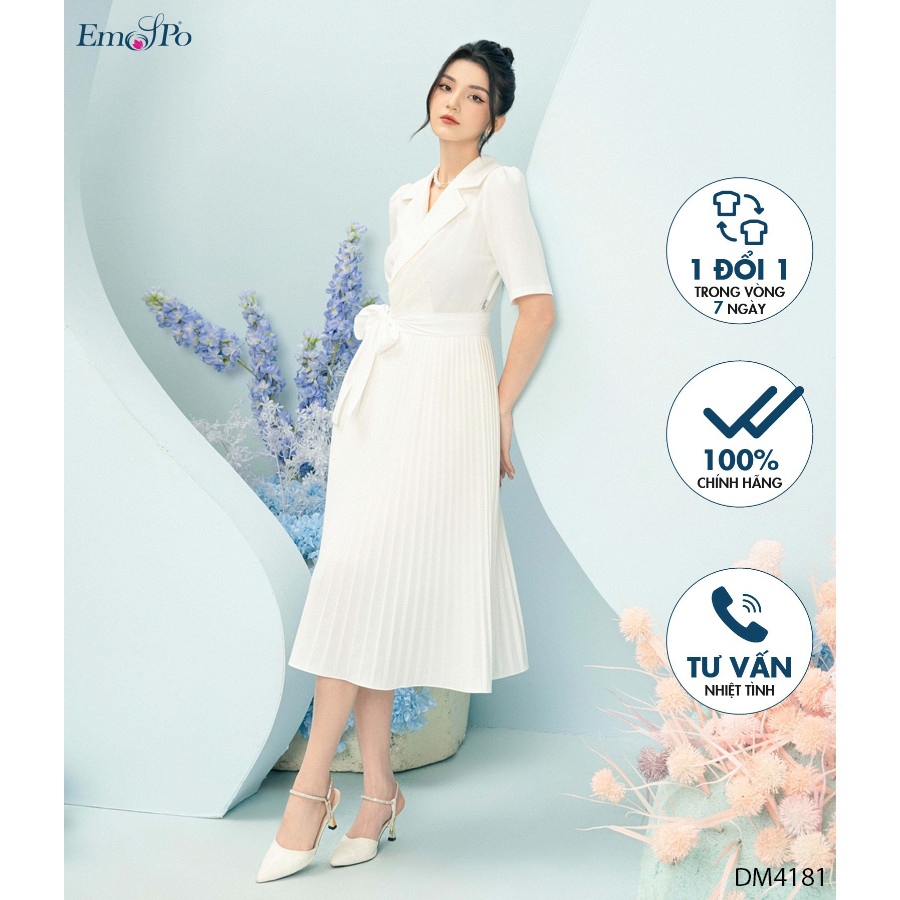 Đầm cổ vest, chân váy xếp ly, đai nơ thắt eo Emspo DM4181